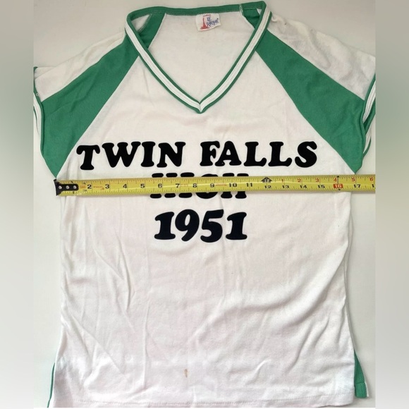 Vintage 1970’s Le Riche V-Neck Ringer Tee, Twin Falls High 1951, USA Made Shirt - Picture 6 of 10